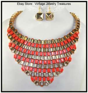 Very Chic Stylish Statement Necklace & Earrings Turquoise Coral Pink 