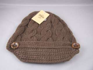 Dark Brown cable knit button ski brim hat cap beanie winter  