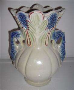   Handpainted Decorative Vase w/handles Peach Flowers Red Trim No chips