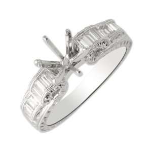   Six Prong Semi Mount Ring with Filigree Work in 14K White Gold.size 4