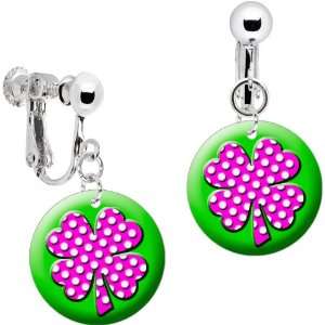    Pink White Polka Dot Four Leaf Clover Clip On Earrings: Jewelry