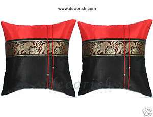 2Silk Throw Couch Bed Pillow Covers BLACK/RED Elephants  
