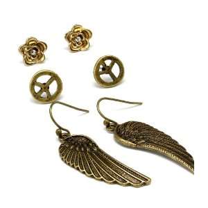   Goldtone Stud and Dangle Earrings Angel Wings Peace Sign, and Flowers