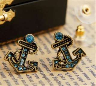 Betsey Johnson Anchor w/Blue Crystals Stud Earrings  