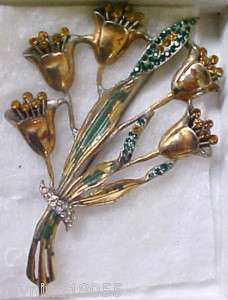 Vintage Large Brooch Lillies w/Green & Amber Stones  