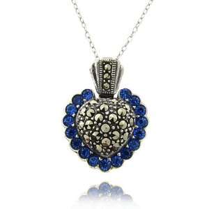   Silver Dark Blue CZ Trim Puffed Marcasite Heart Pendant Jewelry