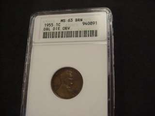 1955/55 DOUBLE DIE LINCOLN CENT PENNY OLD ANACS MS 63 MS63 BRN WITH 