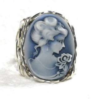Shimmer Blue Lady Rose Cameo Ring Sterling Silver  