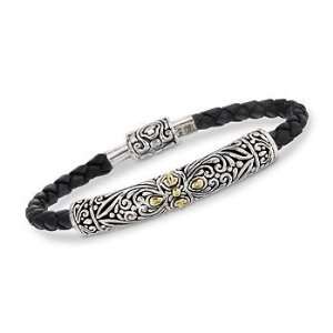    Balinese Bar Bracelet In Two Tone With Black Leather Cord Jewelry