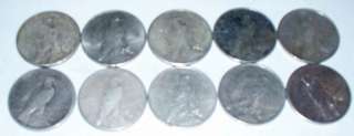 10 Old U.S. silver coins 1923 Peace dollars $10.00 face value NR lot 
