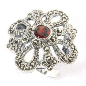    Sterling Silver Marcasite & Garnet Swirl Flower Ring Jewelry