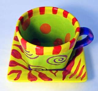 Cup Saucer Square Jester Ceramic HandPtd Emmenegger NEW  