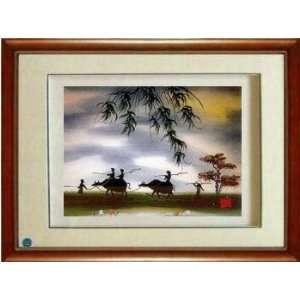  Framed Chinese Silk Embroidery: Idyllic 12.6 x15.2 Home 