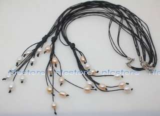 pcs 10mm white/pink pearl black rope necklace  