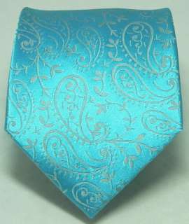 Landisun 13C Light Blue Paisleys Mens Silk Tie Set: (Super Long Tie 