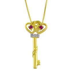 Gold Over Sterling Silver Ruby And Diamond Heart Key Necklace 