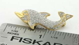 HEAVY 18K TWO TONE 1.0CT DIAMOND DOLPHIN CLUSTER BROOCH  