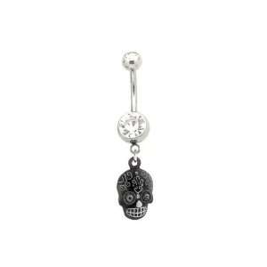    CZ Mayan White Tattoo Skull Dangling Belly Button Ring: Jewelry