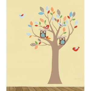  Kids tree vinyl wall decal with birds owls and pattern leaves 