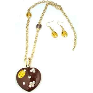   Enamel & Crystal Heart Pendant with Matching Ladybug Earrings: Jewelry