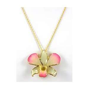    REAL FLOWER Gold Orchid Pendant Pink Edge White Center Jewelry