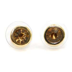  Gold Tone Stud Earrings with Single Round Cut Honey 