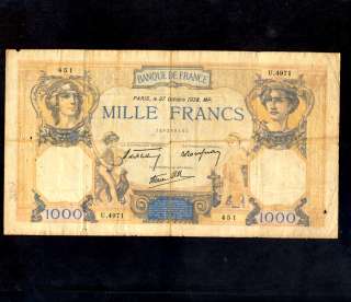 FRANCE BANKNOTE,1000 Fr.1938 FINE  