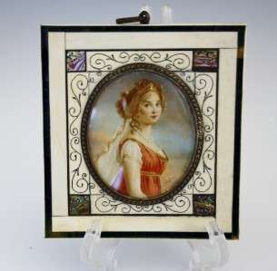 FINE 19C MINIATURE WARERCOLOR ON IVORY OF BEAUTIFUL QUEEN LOUISE 