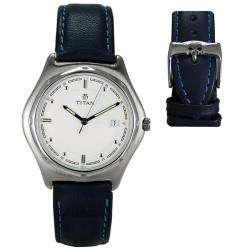 Titan Mens Casual Blue Leather Strap White Dial Watch  Overstock