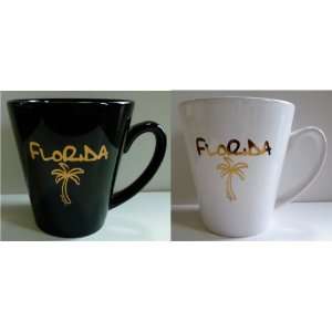 Florida Souvenir Coffee Cup Mugs Black and White Ceramic with Gold 