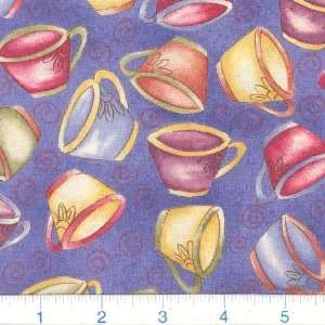  45 Wide Tea & Flowers Teacups Violet Fabric By The Yard 