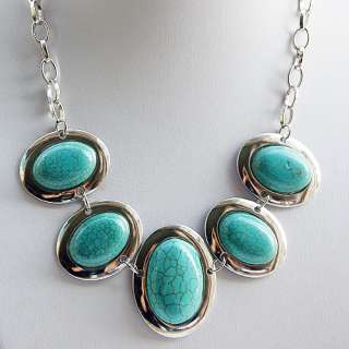 Tibet Silver Oval TURQUOISE Bead Gem Chain New NECKLACE  