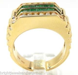Superb 14k Y/G Mens Emerald & Diamond Pinky Ring  