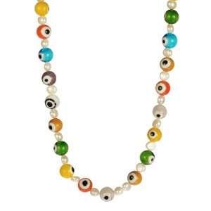 Multi Colored Glass Evil Eye and White Freshwater Cultured 