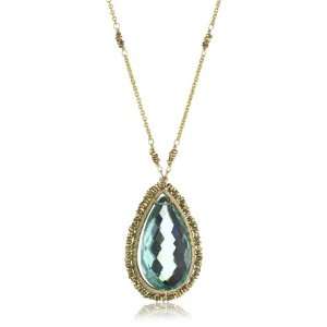   Aqua Quartz Edged in Hand Cut Metal Beads Pendant Necklace: Jewelry