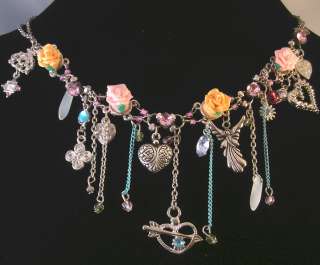 FLOWER HEART ANGEL CHARM CRYSTAL DANGLE NECKLACE  