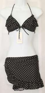 NWT $54.99 3 Piece Flirty Black Polka Dot Ruffle Padded Bikini Top 