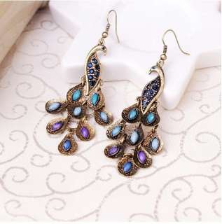 Gradient Color Vintage Peacock Feather Earring Jewel Fading Effect 