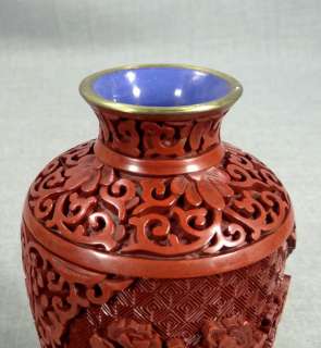   CARVED CINNABAR RED LACQUER PEONY FLOWER VASE URN SET STAND&BOX  