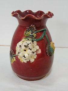 VINTAGE POTTERY VASE, DARK RED WITH APPLIED MAJOLICA FLOWERS as is 