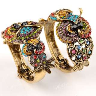   Colorful Crystal Owl Bead Hinged Bronze Bracelet Bangle Gift  