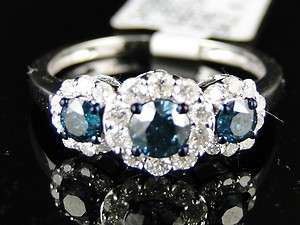   WOMENS WHITE GOLD 3 STONE BLUE SOLITAIRE ROUND CUT DIAMOND RING 1.03