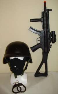 Combat Helmet, Black Neoprene Face Mask, AK47 SWAT Rifle and Handcuffs 