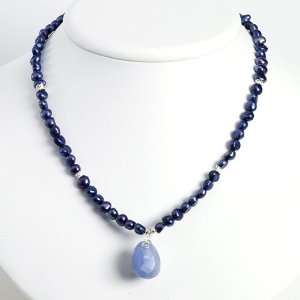   Sterling Silver Blue Agate/Dark Blue Cultured Pearl Necklace: Jewelry