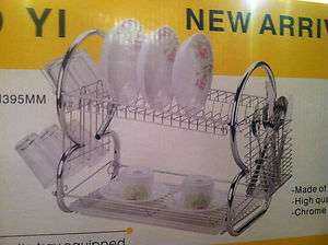   Chrome Plated Dish Plate Drainer Drain Drying Rack W/Plastic Tray