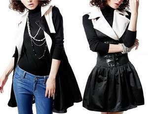 White+Black Sleeves Pleated Puffy Mid Jacket Coat(Dress)  