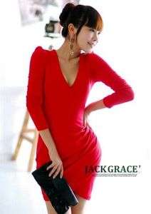Free Shipping Unique Fashion V neck Slim Red Dress  