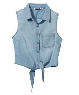 Blue (Blue) Teens Denim Tie Front Sleeveless Shirt  251597540  New 