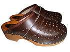 Genuine BROWN Leather Wooden Sole Swedish style Clogs womens/mens all 
