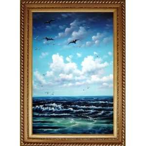 Seagulls Over Blue Sea Wave, Sky Oil Painting, with Exquisite Dark 
